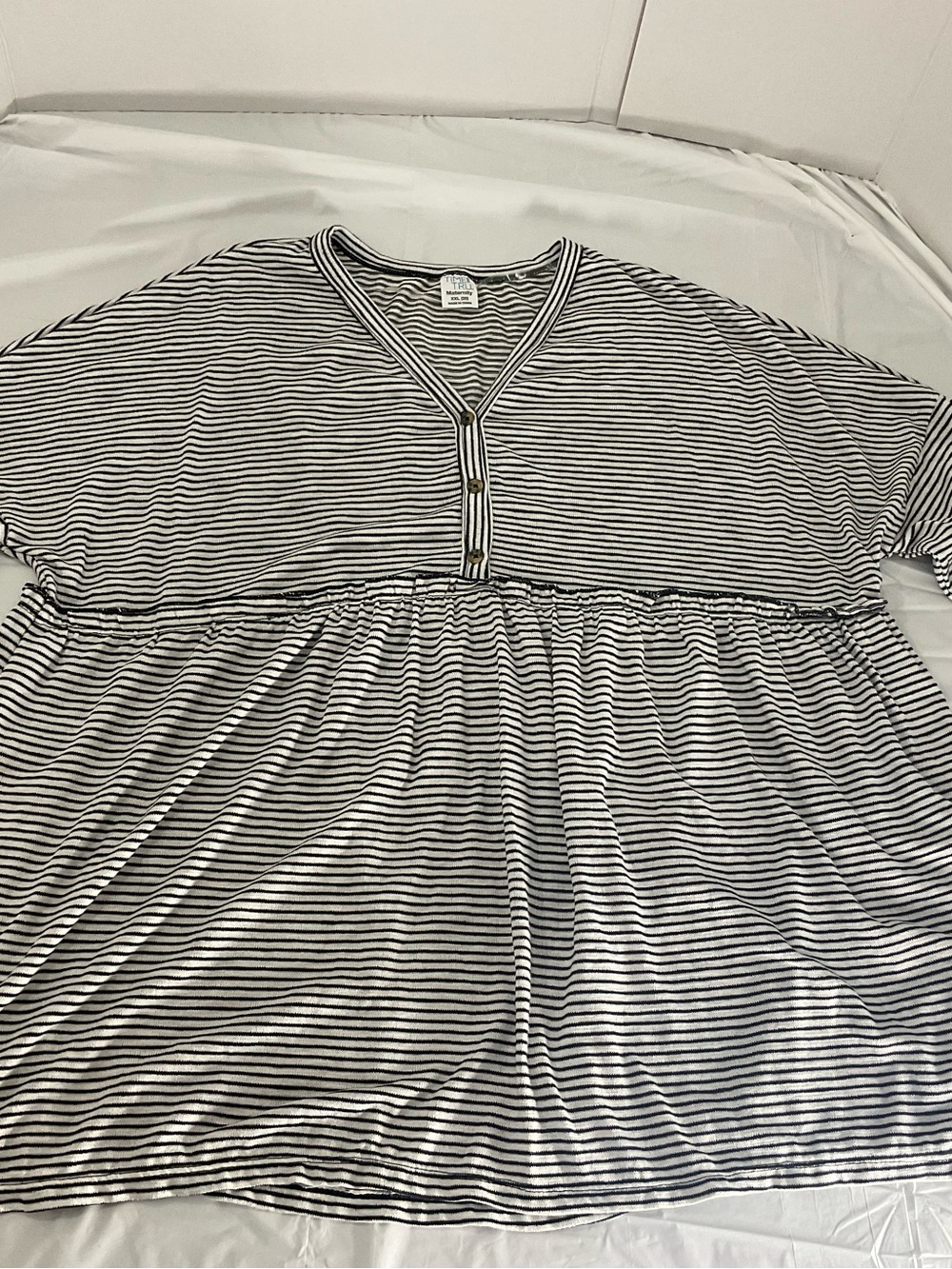 Time and Tru Black & White Striped V-Neck Henley Maternity Top